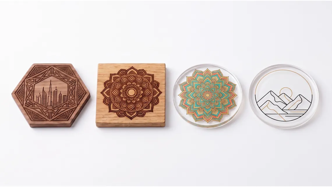 Engraved wood and printed acrylic coasters