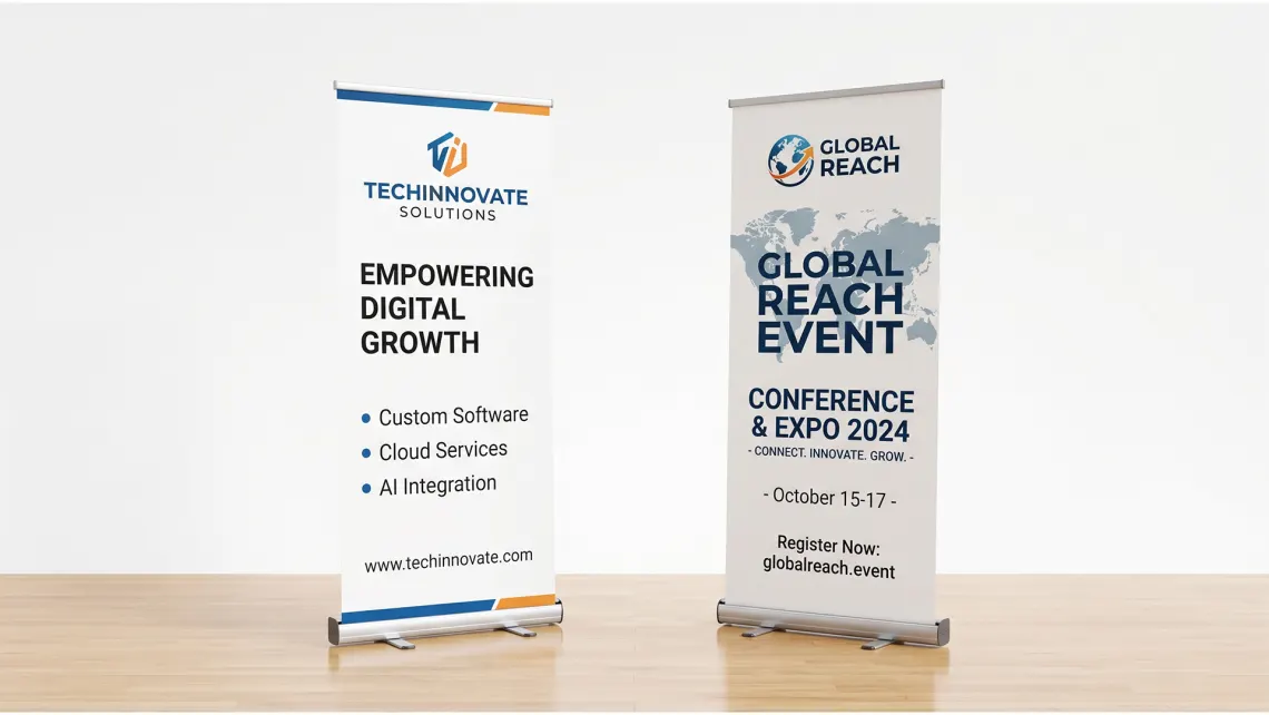 Two printed roll-up banners on aluminium bases